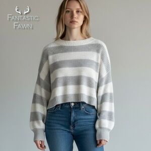 Fantastic Fawn Gray White Scoop Neck Long Sleeve Knit Pullover Sweater | Size S